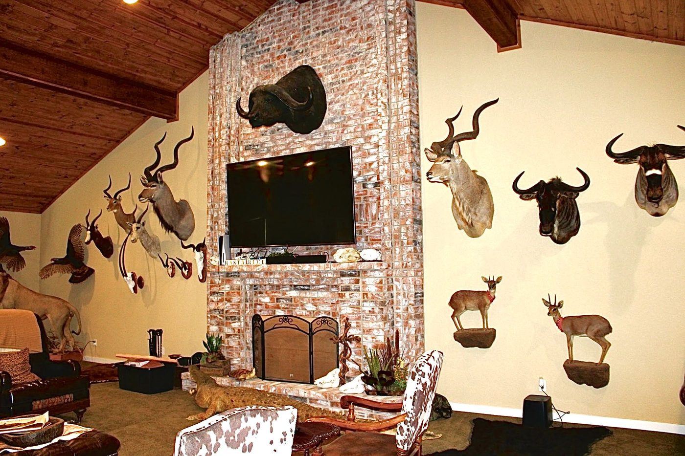 Living area with stone fireplace